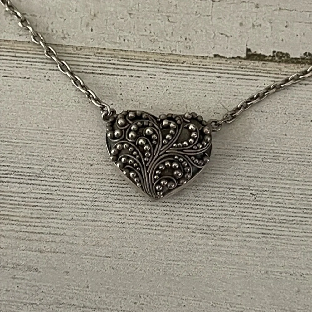 Lois Hill Sterling Silver Granulated Filigree Puffed Heart Necklace 925